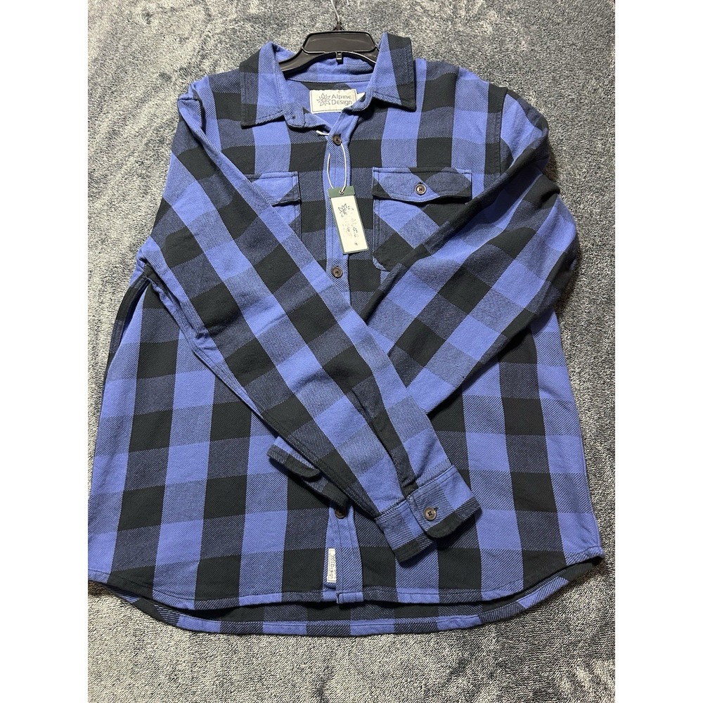 Alpine Designs Men's Large Hike Long Sleeve Blue/Black Plaid Twill Shirt (R1)